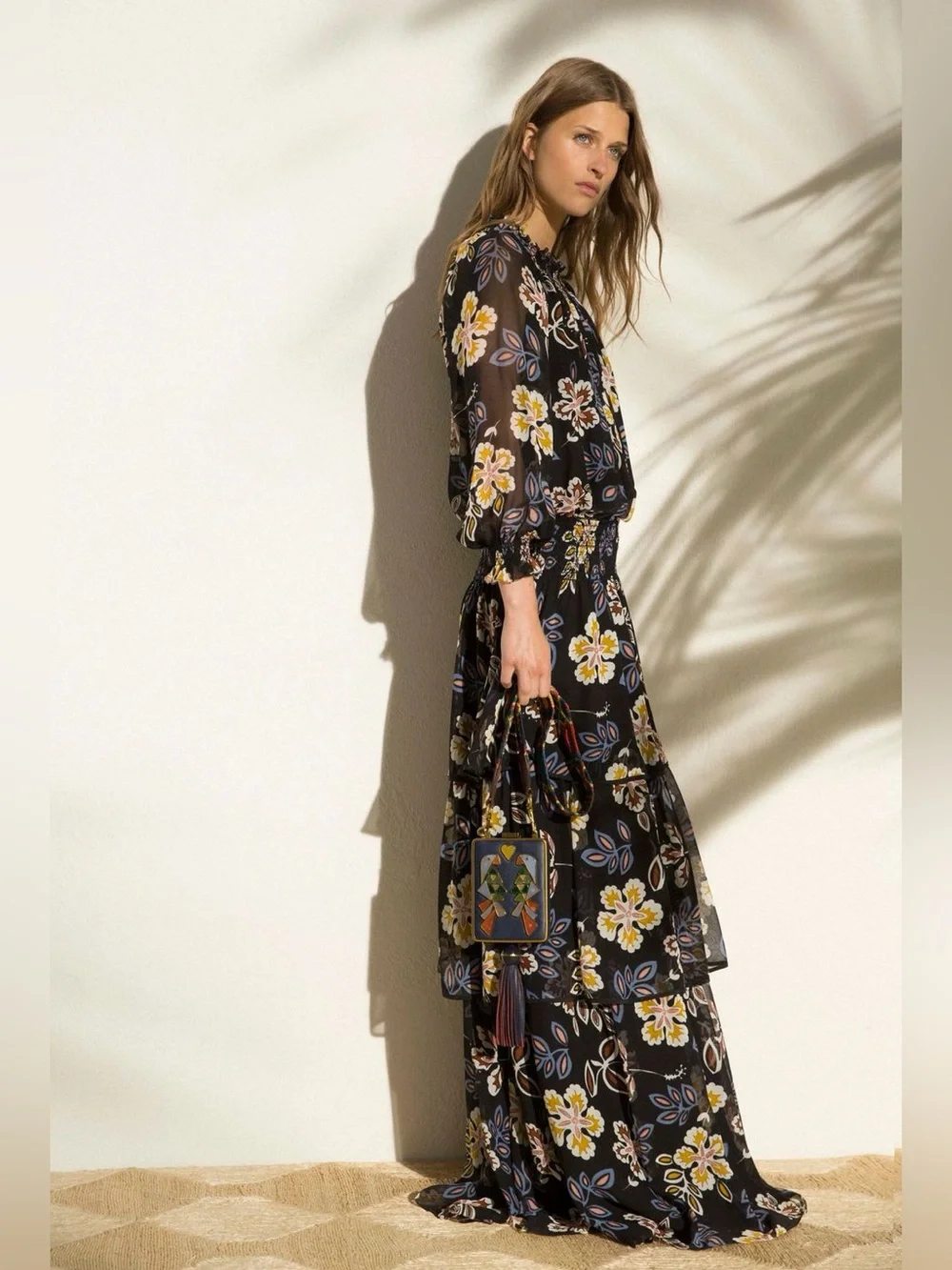 Tory Burch Indie Tiered 100% Silk Georgette Floral Maxi Dress 8